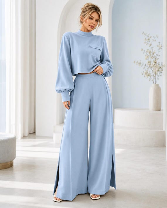 Women’s Two Piece Set, Wide Leg Pants Outfit, Long Sleeve Crop Top, Matching Co Ord Set, Minimalist Lounge Travel Outfit