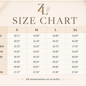 Puede incluir: Una tabla de tallas beige con el logotipo ZL en la parte superior. La tabla enumera las tallas S, M, L, XL y XXL con medidas en pulgadas para longitud superior, busto, ancho de hombros, longitud de manga, longitud de pantal&oacute;n, cintura, cadera y entrepierna. El texto indica que todas las medidas est&aacute;n en pulgadas.