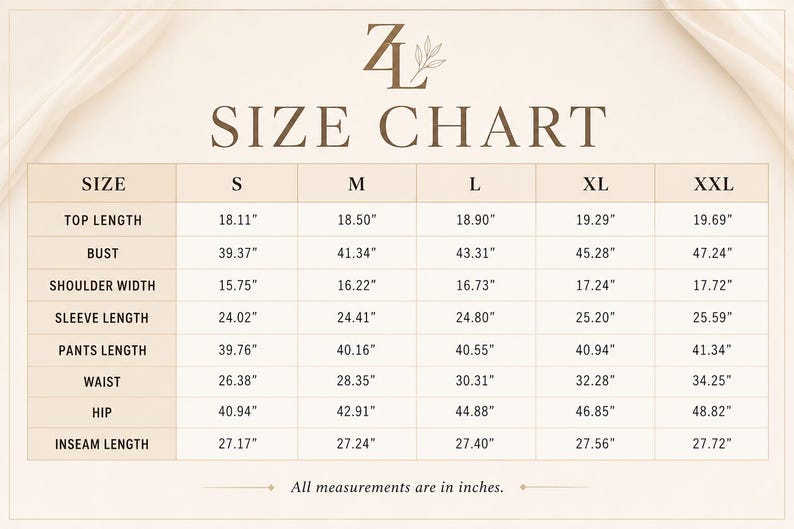 Puede incluir: Una tabla de tallas beige con el logotipo ZL en la parte superior. La tabla enumera las tallas S, M, L, XL y XXL con medidas en pulgadas para longitud superior, busto, ancho de hombros, longitud de manga, longitud de pantal&oacute;n, cintura, cadera y entrepierna. El texto indica que todas las medidas est&aacute;n en pulgadas.