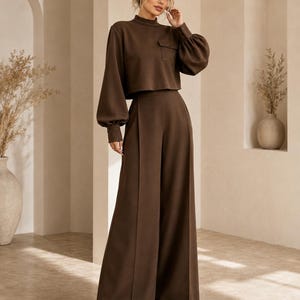 Puede incluir: Un conjunto de dos piezas de color marr&oacute;n oscuro que consta de un top corto de manga larga con cuello alto, un bolsillo en el pecho y mangas abullonadas con pu&ntilde;os, combinado con pantalones de talle alto y pernera ancha con costura central.