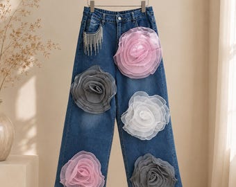 3D Floral Wide Leg Jeans | Handmade Rose Appliqué Denim Pants | Y2K Fashion Jeans | Streetwear