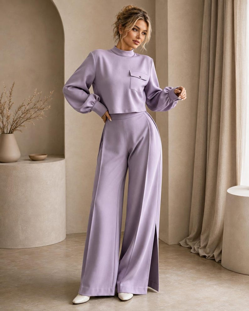 Puede incluir: Un conjunto de dos piezas en color lavanda que consta de una blusa de manga larga con cuello alto y un bolsillo en el pecho, junto con pantalones de talle alto y pernera ancha con pliegues verticales y aberturas laterales, con zapatos blancos.
