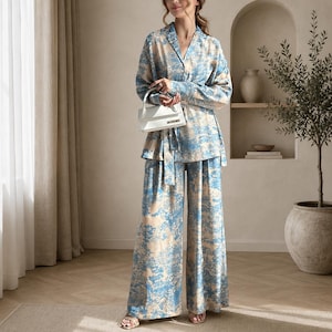 Luxury Blue Toile Satin Pajama Set for Women | Sleepwear Co-Ord | Soft Silky Matching Lounge