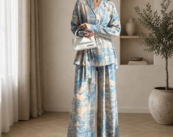 Conjunto de pijama de satén azul de lujo para mujer / Conjunto de ropa de dormir a juego / Conjunto de pijama suave y sedoso para estar en casa