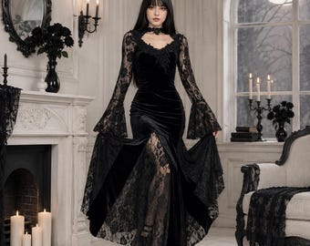 May include: A floor-length black velvet dress featuring long lace bell sleeves, a lace choker neckline, and a high front slit revealing a lace underlay. The bodice is fitted with intricate lace detailing around the collar and cuffs.