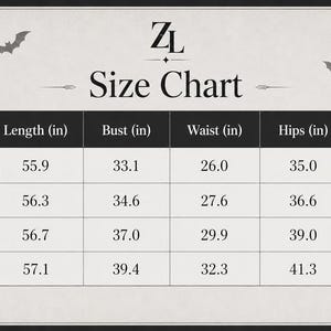May include: A ZL size chart table with black and white text, featuring columns for size, length, bust, waist, hips, and sleeves in inches. The background is light gray with black spiderweb corners, bat illustrations, and jack-o'-lanterns.