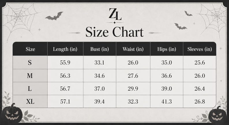 May include: A ZL size chart table with black and white text, featuring columns for size, length, bust, waist, hips, and sleeves in inches. The background is light gray with black spiderweb corners, bat illustrations, and jack-o'-lanterns.