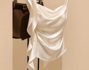 Silky Satin One Shoulder Top Ivory Draped Chic Evening Blouse Chic Asymmetrical Outfit