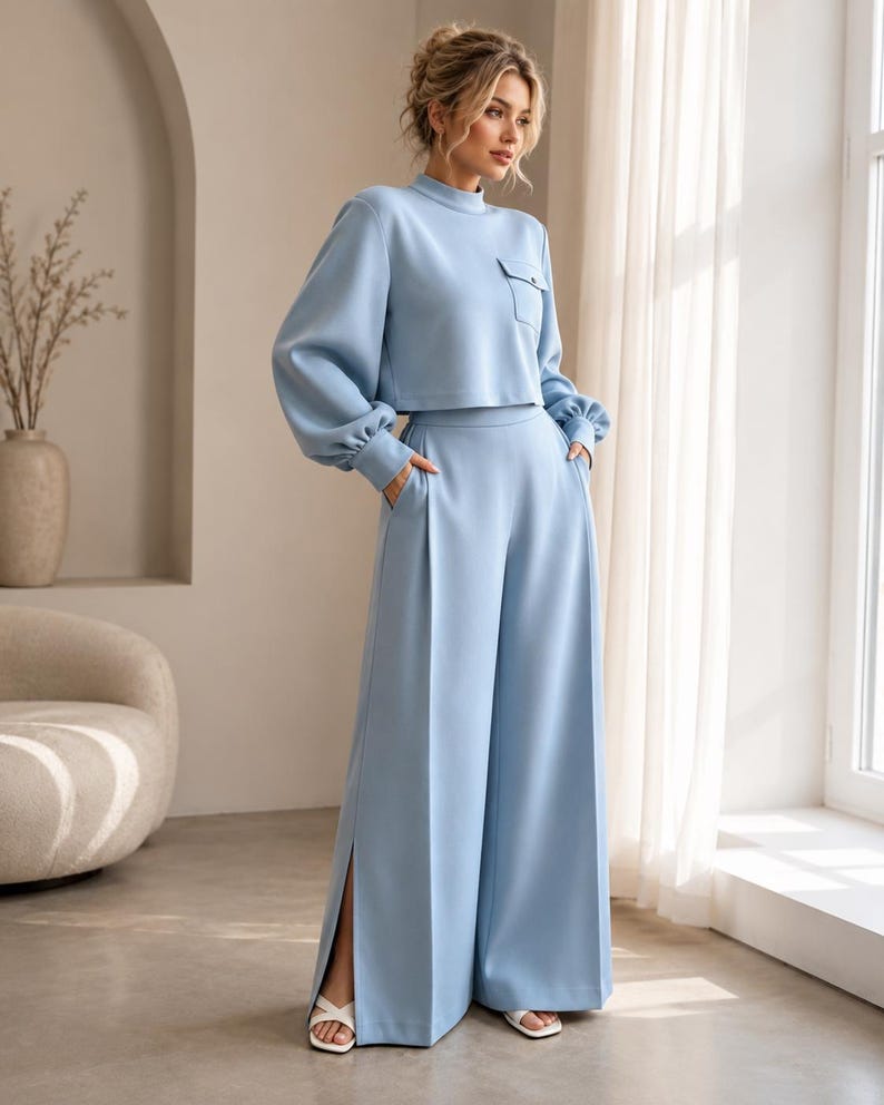 Puede incluir: Un conjunto de dos piezas en color azul claro que consta de una parte superior corta de manga larga con cuello alto y un bolsillo en el pecho, junto con pantalones de talle alto y pernera ancha con aberturas laterales y bolsillos.