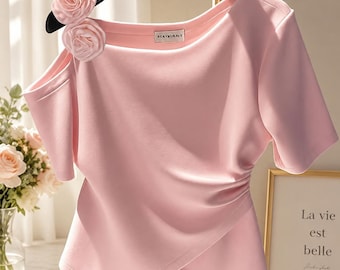 Top de hombros color rosa para mujer / Blusa floral / Top elegante fruncido para fiestas / Camisa femenina de verano