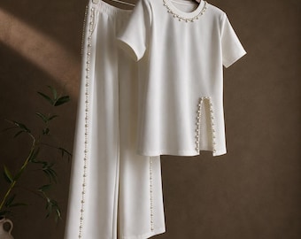 Conjunto de duas peças com detalhes em pérola | Blusa túnica elegante e calça pantalona