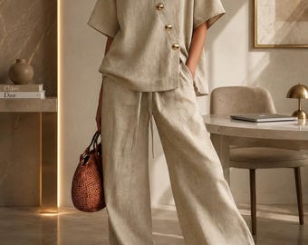 Women's Linen Lounge Set | Oversized V Neck Top & Palazzo Pants Co Ord Set