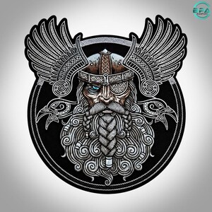 May include: A circular embroidered patch featuring a detailed illustration of a bearded figure wearing a winged helmet and an eye patch. The design incorporates intricate knotwork patterns, stylised bird motifs, and a black background.