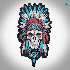 May include: An embroidered patch featuring a human skull wearing a large feathered headdress. The design uses white, red, and turquoise thread colors. The skull is centered with a beaded necklace detail below and a black border outline.