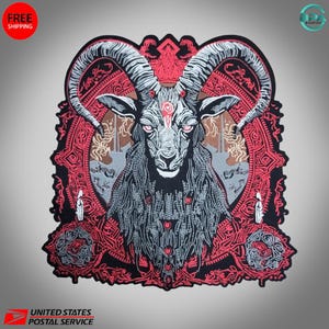May include: Embroidered patch featuring a detailed illustration of a goat's head with large, curved horns. The design incorporates red, black, and gray colors, with intricate patterns and a central eye symbol. The patch has a decorative border.
