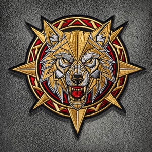 Peut inclure: Un écusson brodé représentant une tête de loup stylisée avec des détails géométriques en fils dorés et argentés. Le loup est centré dans un cadre circulaire avec des accents rouges et huit pointes rayonnantes, le tout bordé de fil noir.