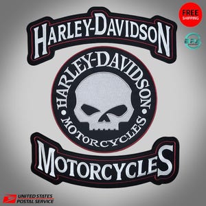May include: A three-piece embroidered patch set featuring the Harley-Davidson logo. The top arch reads Harley-Davidson, the center circular patch displays a skull graphic with Harley-Davidson Motorcycles text, and the bottom arch reads Motorcycles.