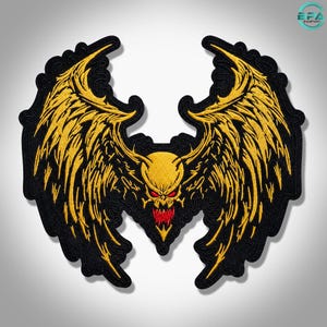 Large Demon Wings Skull  Embroidered Black & Gold Gothic Jacket Back Patch (13 Inch)