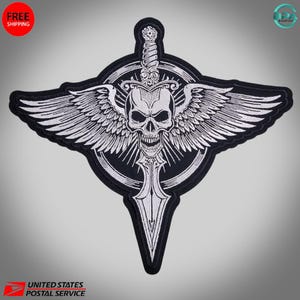 Large Skull Wings Sword Embroidered Patch Gothic Biker Iron On Badge (13"x12")
