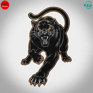 May include: An embroidered patch featuring a black panther in a prowling stance with its mouth open, revealing white teeth. The panther has piercing yellow eyes, detailed black fur texture, and is outlined with a thin gold border.