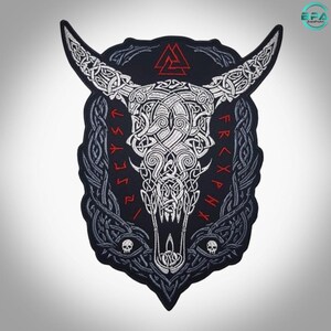 Geborduurde Vikingstier-patch: 33 cm (13 inch) Noorse Valknut strijkpatch voor bikerjack of vest.