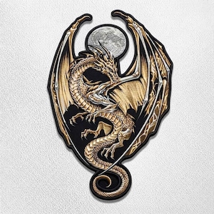 Celestial Dragon Moon Embroidered Back Patch, Gold Silver Gothic Wyvern Jacket Crest (13 Inch)
