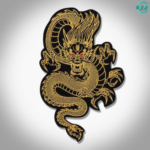 May include: A black embroidered patch featuring a detailed golden dragon with sharp claws and bright red eyes. The dragon is depicted in a coiled, serpentine pose with intricate scale patterns and flowing whiskers, outlined in a bold black border.