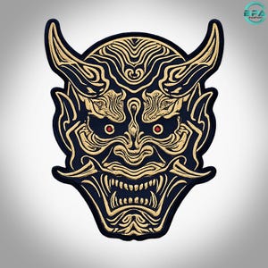 Parche bordado de máscara gótica de demonio Oni: samurái japonés para planchar o coser (33 cm)