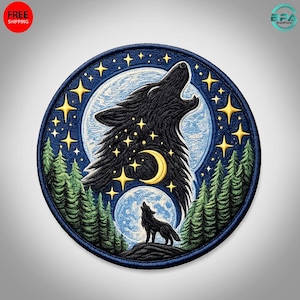 May include: A circular embroidered patch featuring a large black wolf silhouette howling at a yellow crescent moon and a full moon. The design includes a dense forest of green pine trees, golden stars, and a smaller wolf standing on a rocky hill.
