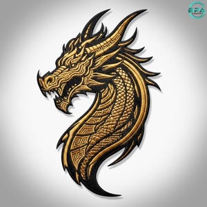 May include: An embroidered patch featuring the head and neck of a dragon in profile. The design uses metallic gold thread for the intricate scale and horn details, contrasted against a solid black background, creating a sharp, defined silhouette.