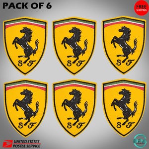 May include: Set of six embroidered patches featuring the iconic prancing horse emblem on a yellow shield. The patches have a black horse, red and green accents, and the letters "SF". The text "PACK OF 6" is at the top.