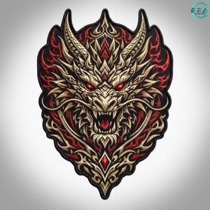 May include: A shield-shaped embroidered patch featuring a detailed dragon head in gold and cream tones with glowing red eyes and an open mouth. The design is accented with vibrant red flame-like patterns and a black border, creating a bold contrast.