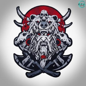 Parche bordado de oso vikingo, aplique termoadhesivo de 33 cm (13 pulgadas) de guerrero nórdico para chaqueta o chaleco.