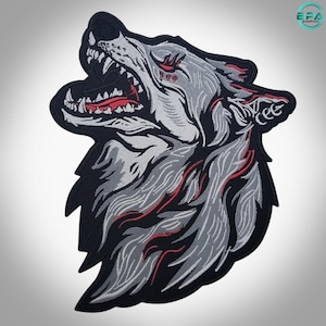 Aplique bordado grande com cabeça de lobo para aplicação termocolante em jaquetas e coletes de motociclista (30 cm)
