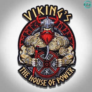 May include: A circular embroidered patch featuring a Viking warrior with a red beard and horned helmet, holding an axe. The design includes the text VIKING'S, KATTEGAT, EST. 793 AD, and THE HOUSE OF POWER, with intricate gold and red knotwork patterns.