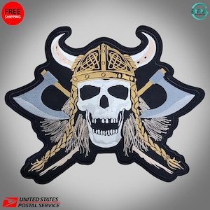 Viking Skull Embroidered Back Patch - Norse Helmet Biker Jacket Iron-On Applique (13"x10")