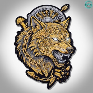 May include: A decorative patch featuring a snarling wolf head rendered in gold and grey tones with intricate knotwork patterns. The wolf is encircled by a chain and a circular emblem with runic symbols, with a sword hilt visible behind the head.