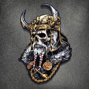May include: A detailed embroidered patch featuring a skull wearing a horned helmet with gold and silver accents. The skull has a long white beard with two braids, a fur-lined collar, and a gold chain draped across the chest with a circular emblem.