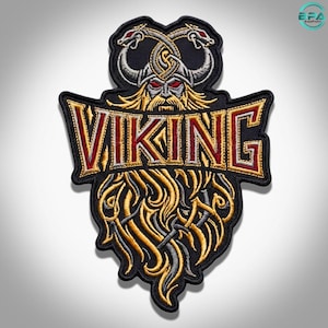 Vikingadrakhjälm broderad guld-silver lapp, nordisk krigare jacka rygglapp (13 tum)