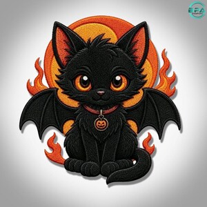 May include: An embroidered patch featuring a black cat with large orange eyes and bat wings. The cat wears an orange collar with a small pumpkin charm. Behind the cat is a large orange circle surrounded by orange flames on a white background.