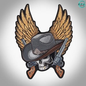 Cowboy Skull Winged Embroidered Patch, Western Biker Back Patch Iron On (13.5 Inch)