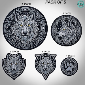 Large Viking Wolf Celtic Embroidery Patch Iron Biker Jacket Animals Badge (5 Piece)