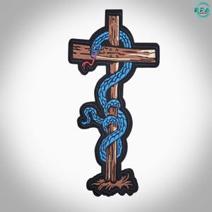 Aplique bordado de cruz de cobra azul para jaqueta ou colete estilo gótico, grande, com aplicação termocolante.