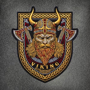 Può includere: Una toppa ricamata raffigurante un guerriero vichingo con elmo cornuto e barba lunga, affiancato da due asce incrociate. Il design è inserito in un bordo a forma di scudo con intrecci celtici dorati e la scritta VIKING in lettere dorate.