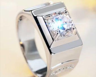 Men's Silver Plated Statement Ring, Round Cubic Zirconia Wedding Band