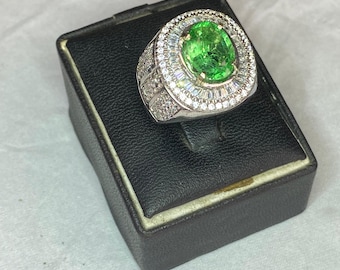 Lab Created Emerald Cut Ring, Silver Plated Men's Statement Ring, Masculine Gemstone Jewelry