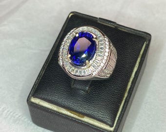 Lab Created Sapphire Ring, Silver Plated Men's Statement Ring,Gift for Him