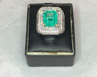 Lab Created Emerald Cut Ring, Silver Plated Men's Statement Ring, Masculine Gemstone Jewelry