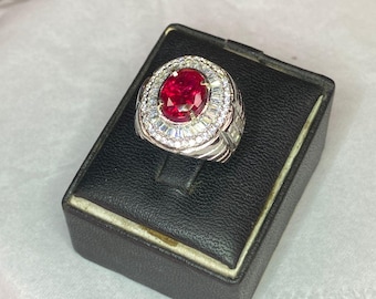 Lab Created Ruby Ring, Silver Plated Art Deco Statement Ring, Men's Gemstone Jewelry