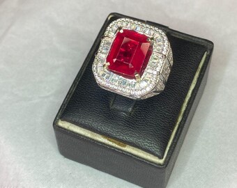 Lab Created Ruby Emerald Cut Ring, Silver Plated Art Deco Statement Ring Gift